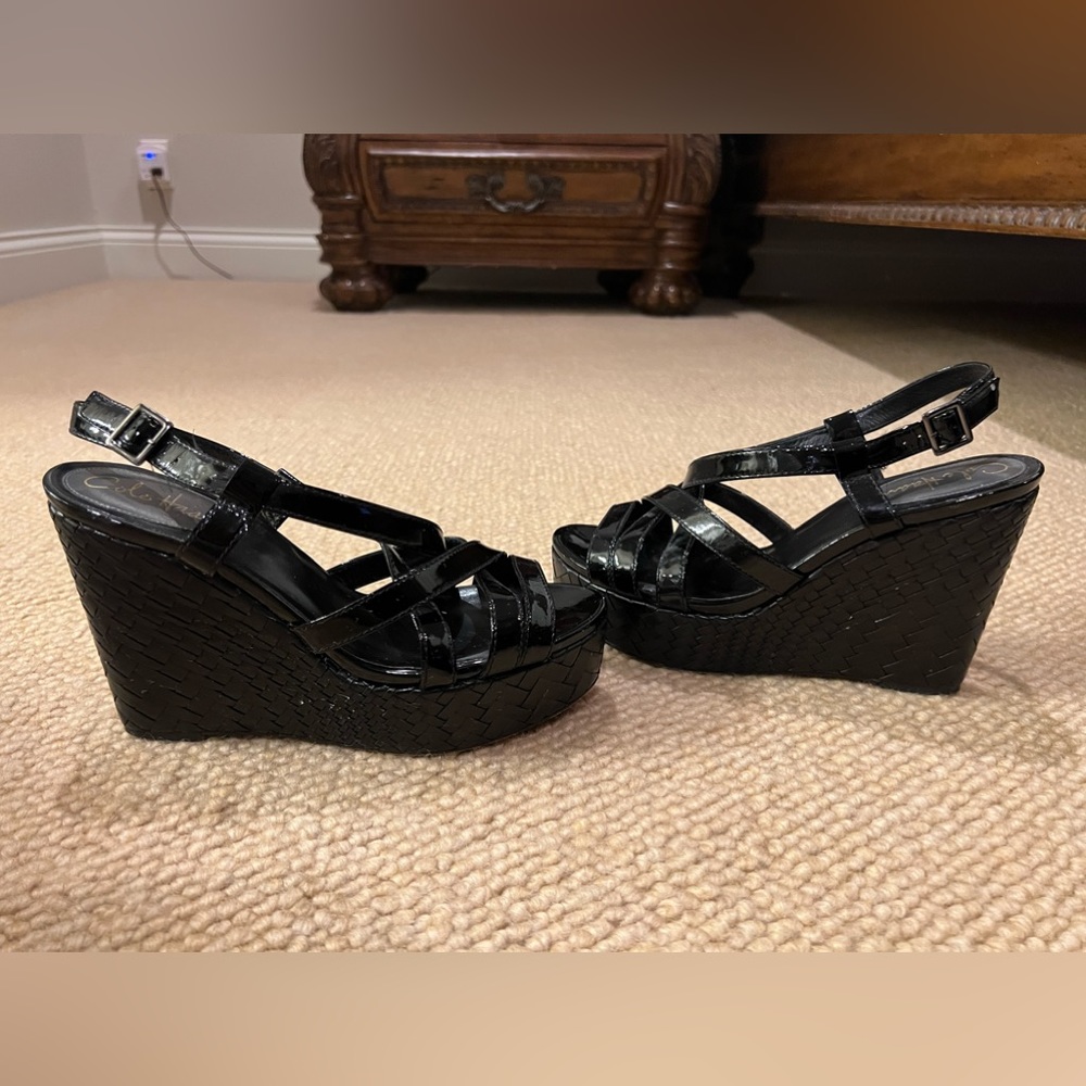ColeHaan strappy black patent sandals